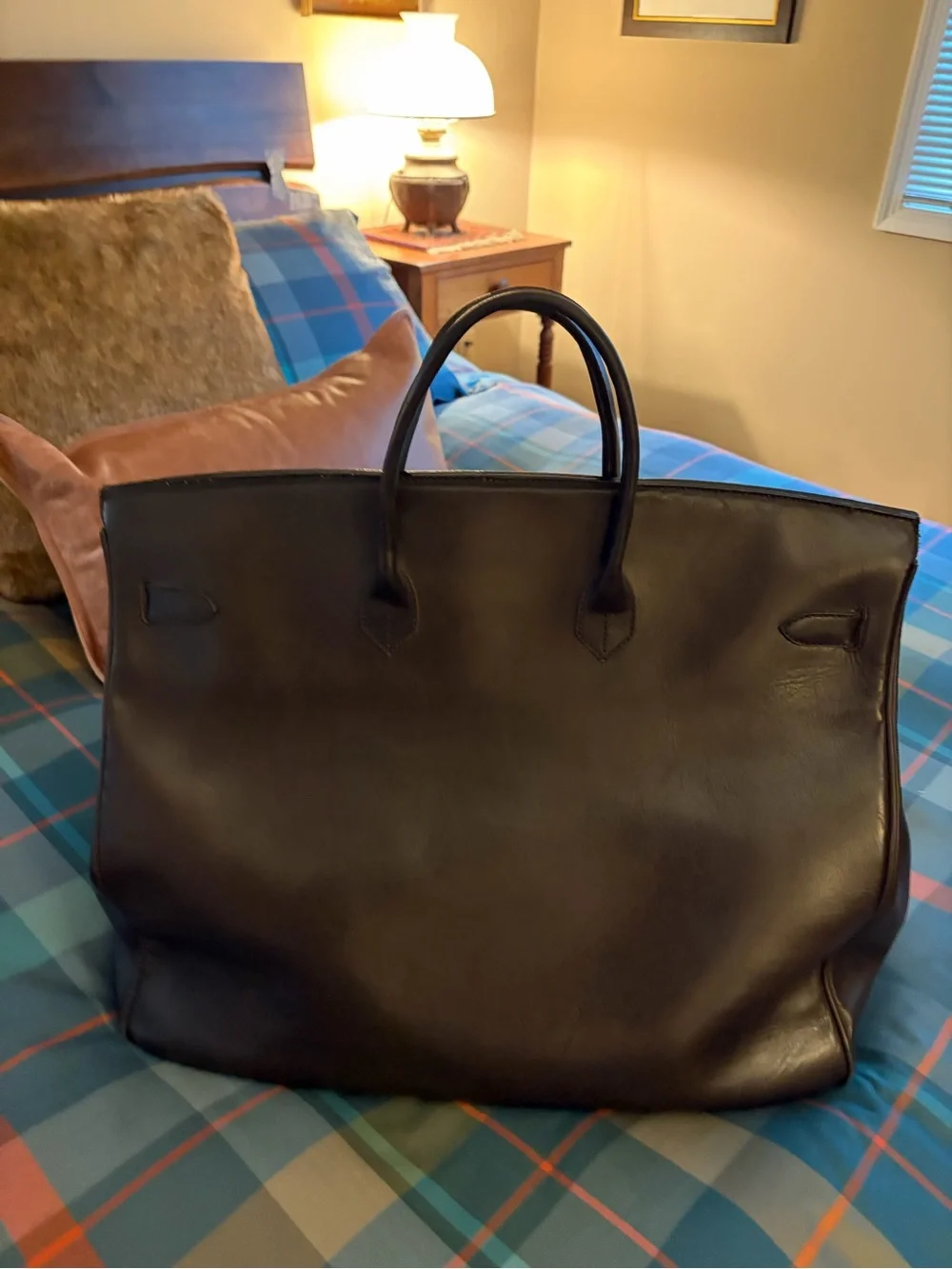 Brown Leather Tote Bag with Silver Hardware